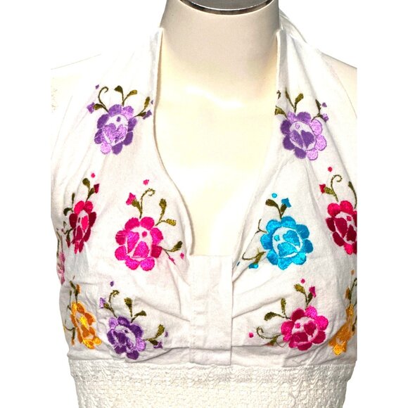 CCC Handmade White Halter Embroidered Floral Dress Asymmetrical Hi Lo Hem Trendy - Picture 3 of 12